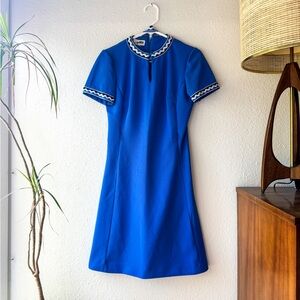 Verona Blue 1960s Textured Dress with Incredible Trimmed Neckline and Sleeves